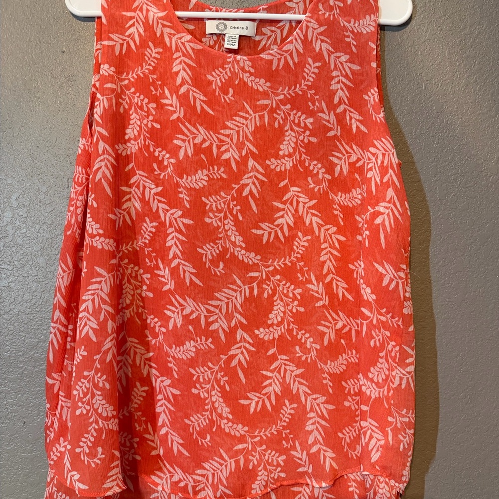 Christina Coral and White Leaf-Print Sleeveless Tank